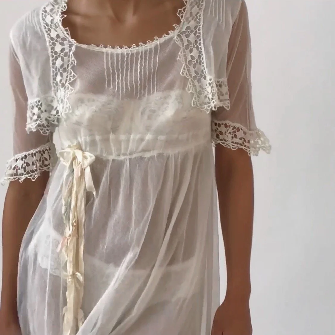 Antique 1920's Romantic Sheer Net Lace & Ribbon Dress