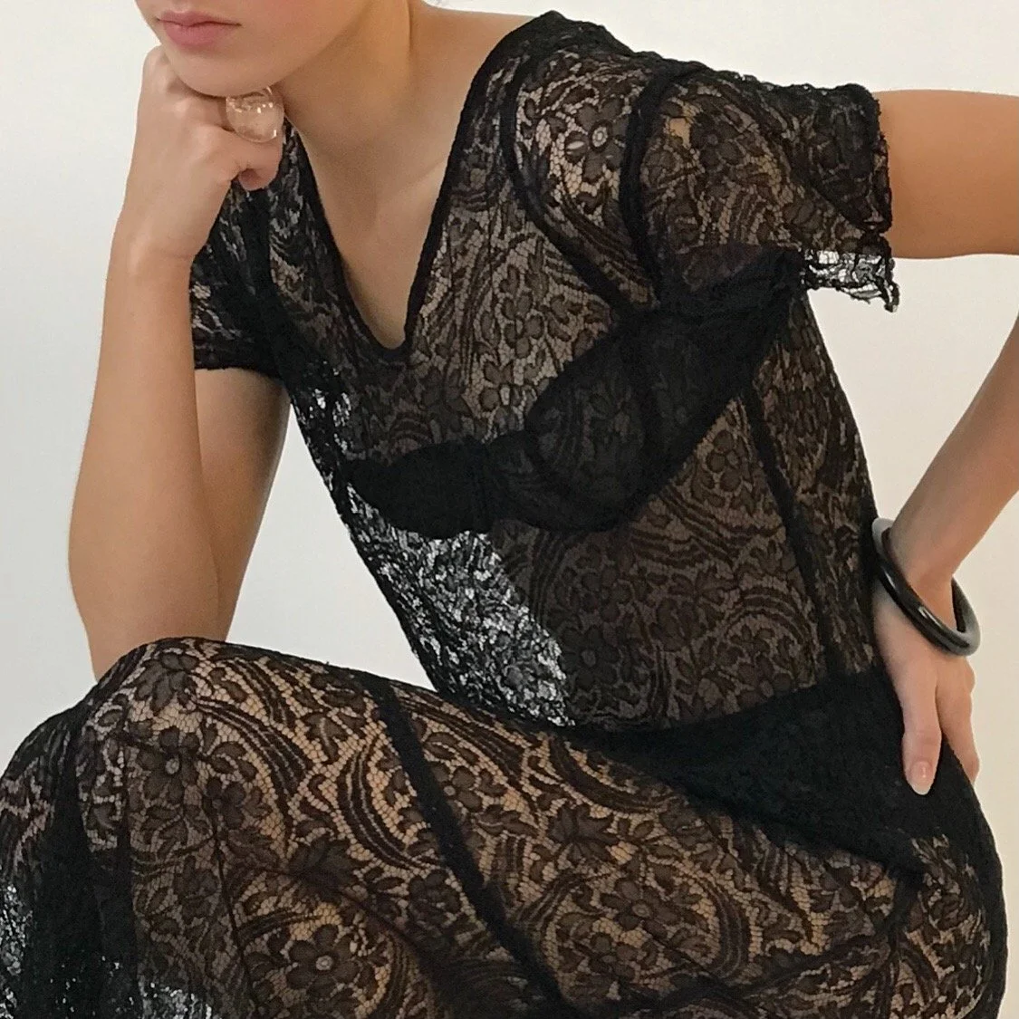 Vintage 1930's Black Sheer Floral Lace Dress