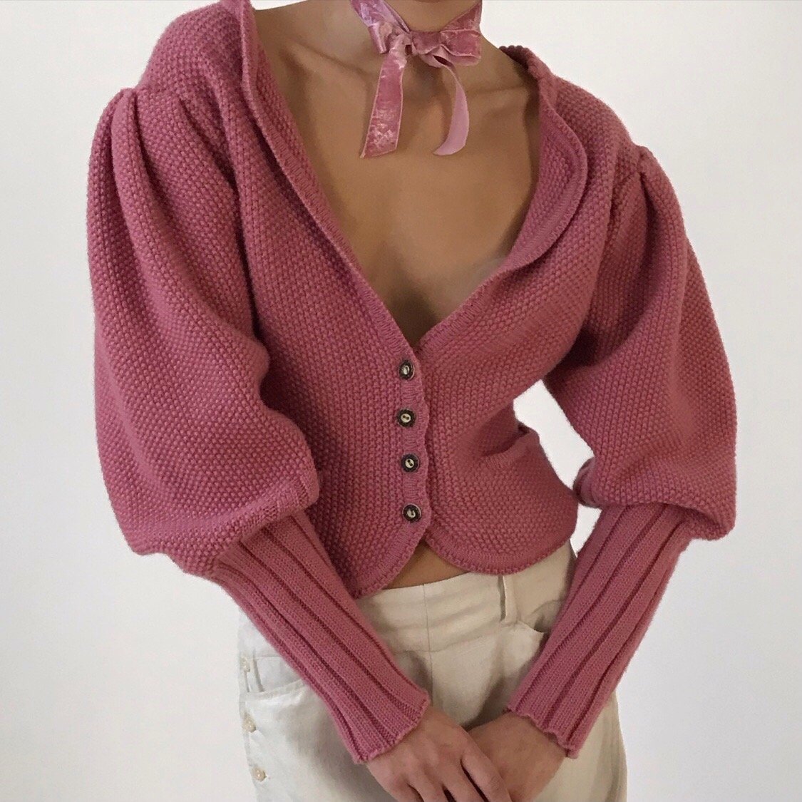 Vintage Dusty Rose Juliet Puff Sleeve Hand Knit Cardigan