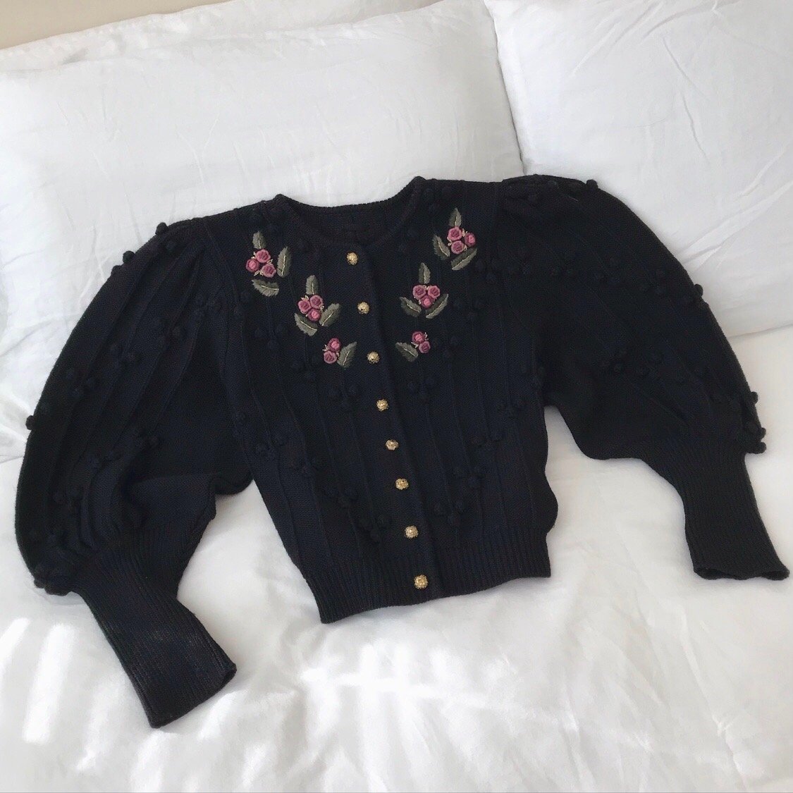 Vintage Black Floral Embroidered  Juliet Puff Sleeve Hand Knit Cardigan