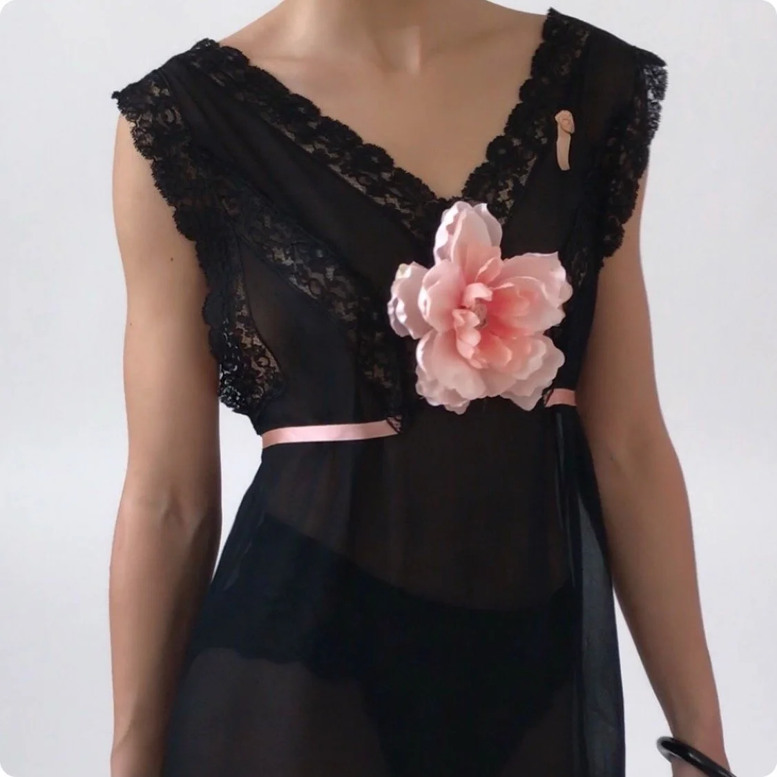 Vintage 1930's Black Sheer Floral Lace Silk Dress