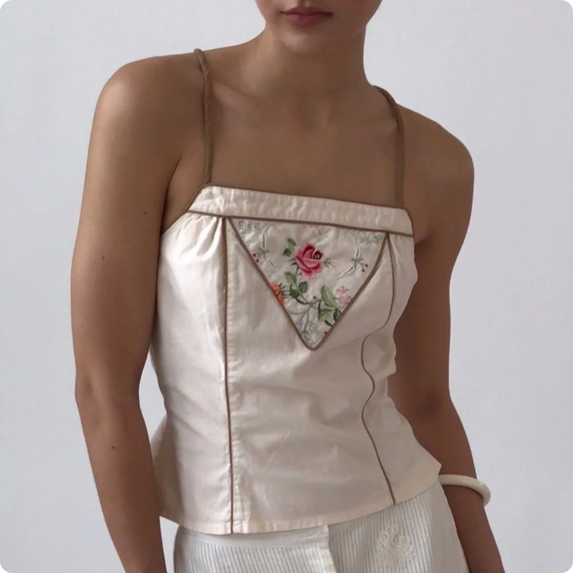 Vintage 1970's  Floral Embroidery Cotton Back Tie Top