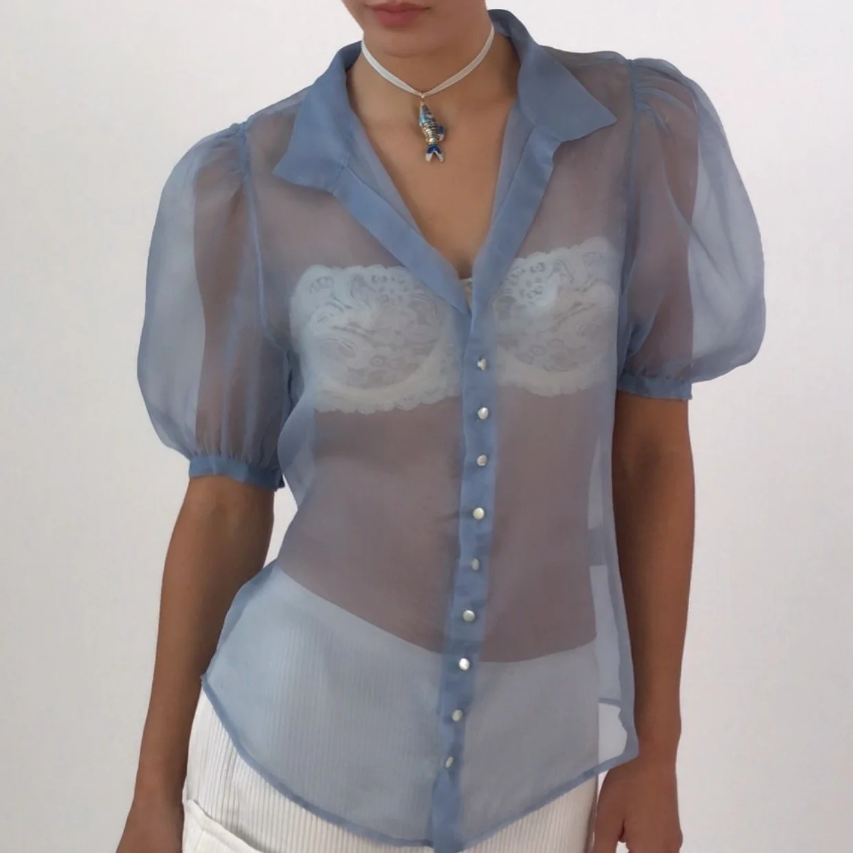 Vintage RALPH LAUREN Sky Blue Sheer Silk Organza Blouse