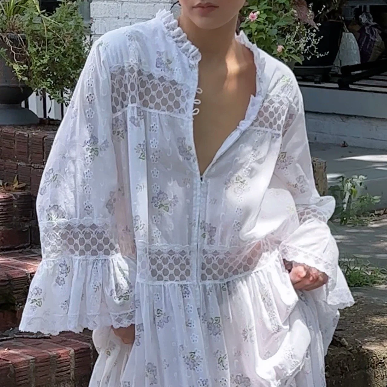 Vintage 1970's Floral Lace Cotton Lounge Dress