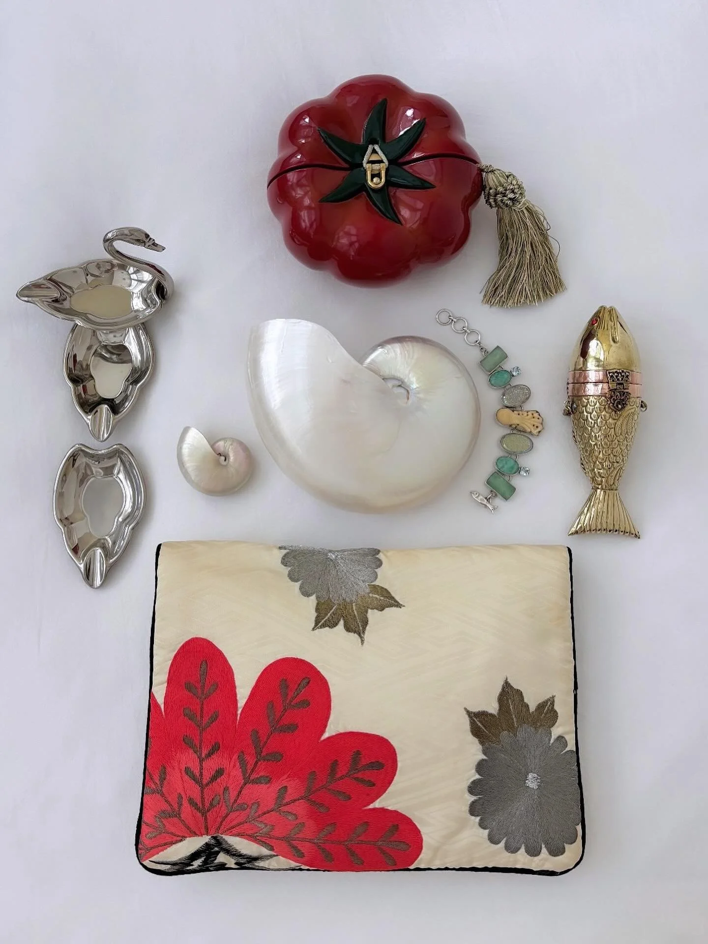 NEW ARRIVALS! Friday, April 10th - 5pm EST! 🌱 TIMMY WOODS Tomato Purse, Beautiful, Embroidered Brocade Clutch (Photo shows backside.), Swan Ashtray Set &amp; the Sweetest, Little Fish Purse! 🍅🦢🎣 Octopus Sterling Bracelet, Available Online, Now! ?