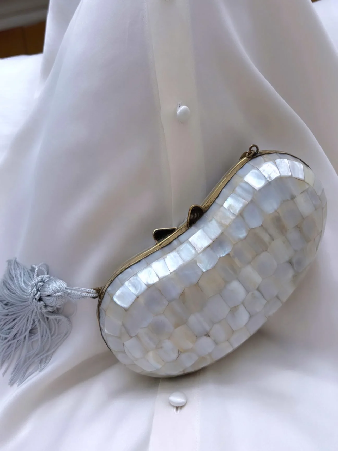 Mother of Pearl Shell Clutch. 🩵 Available Online!

#esmesdrawertoo #vintageclothes #vintagewedding #vintageforsale #theworldsteeming