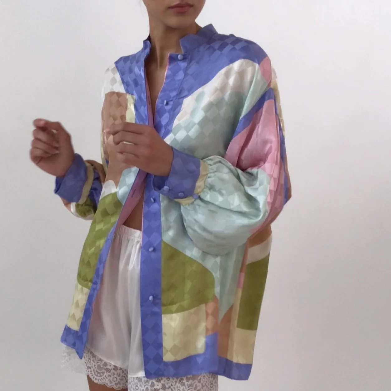 Vintage Color Block Silk Blouse