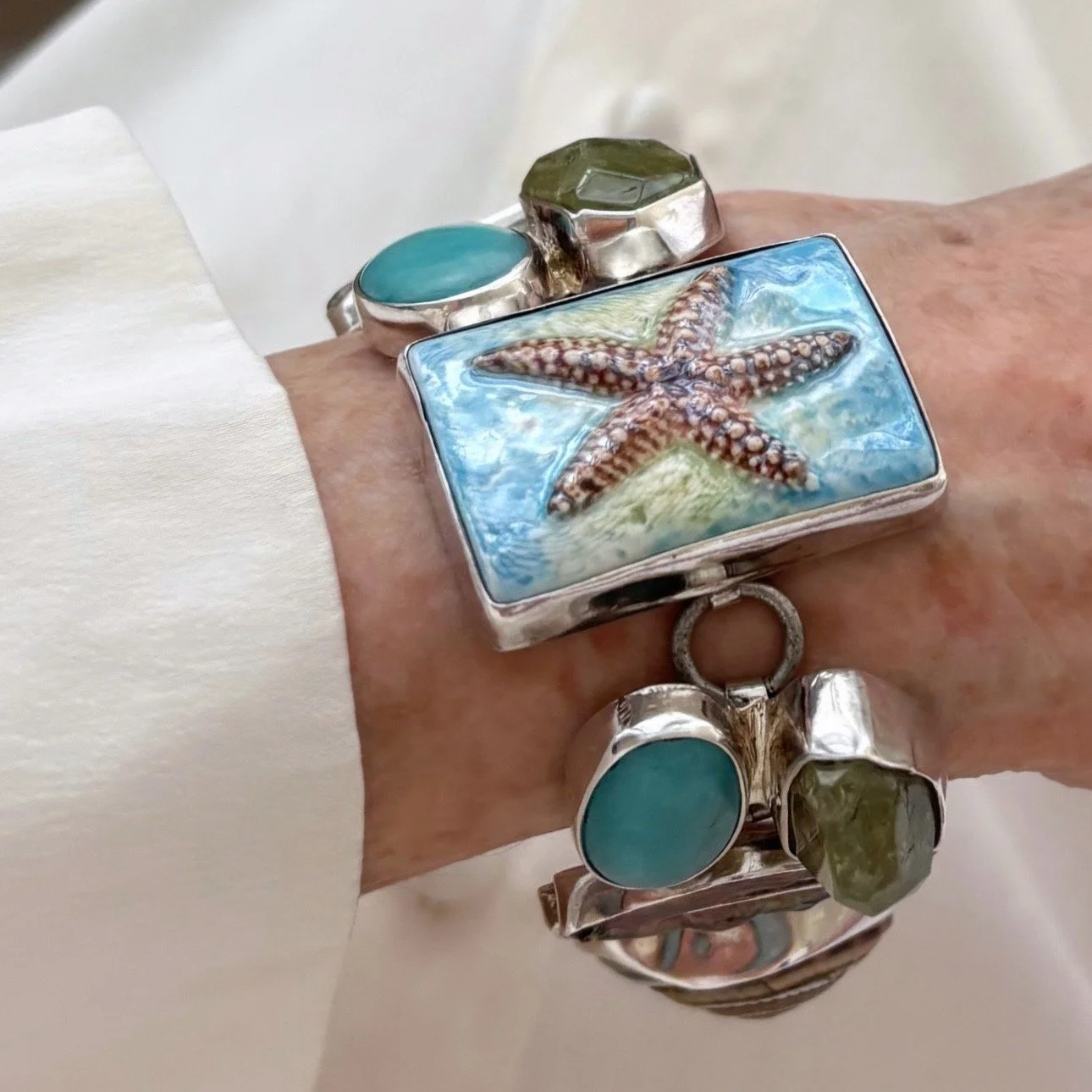 Vintage STARFISH, Brown Pearl, Natural Shell, Amazonite Sterling Silver Bracelet RARE