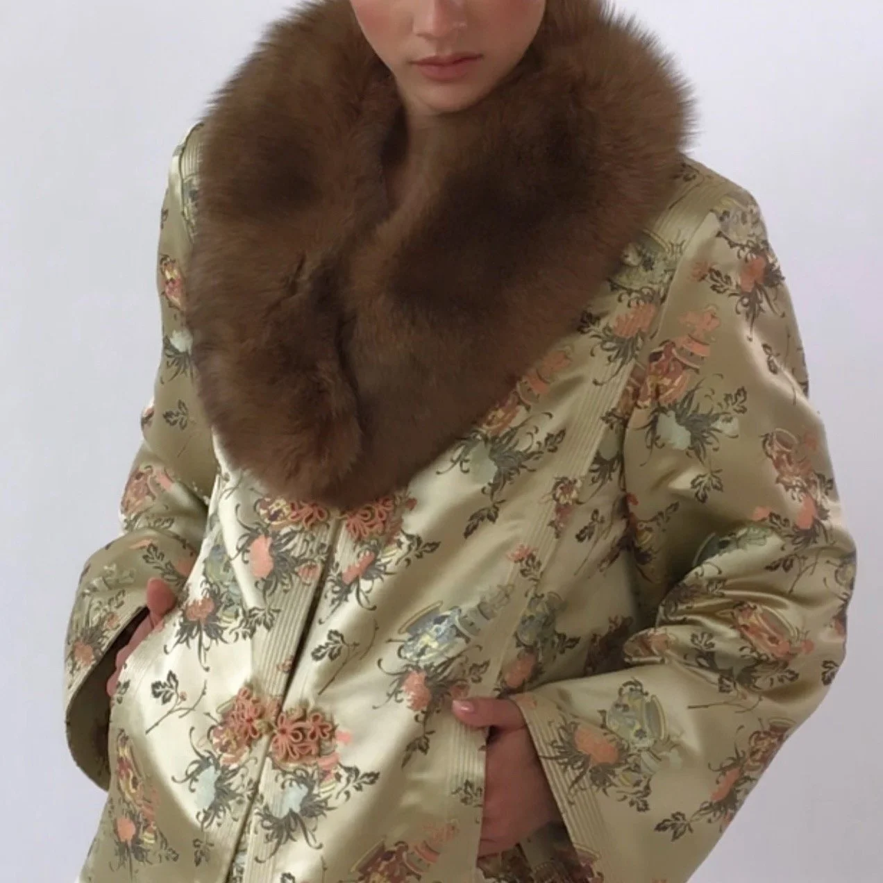 Vintage 1960's SILK SATIN CHINOISERIE Jacket with Natural Fur Collar