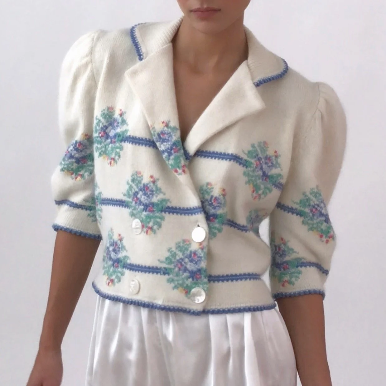 Vintage 1980's Blue Floral Puff Sleeve Lambswool Sweater Top