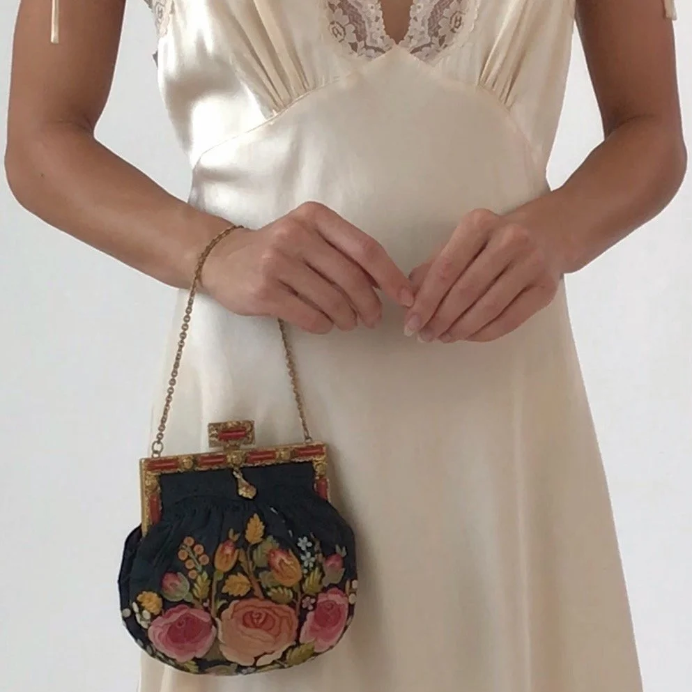 Antique FRENCH Floral Embroidered Silk Purse RARE