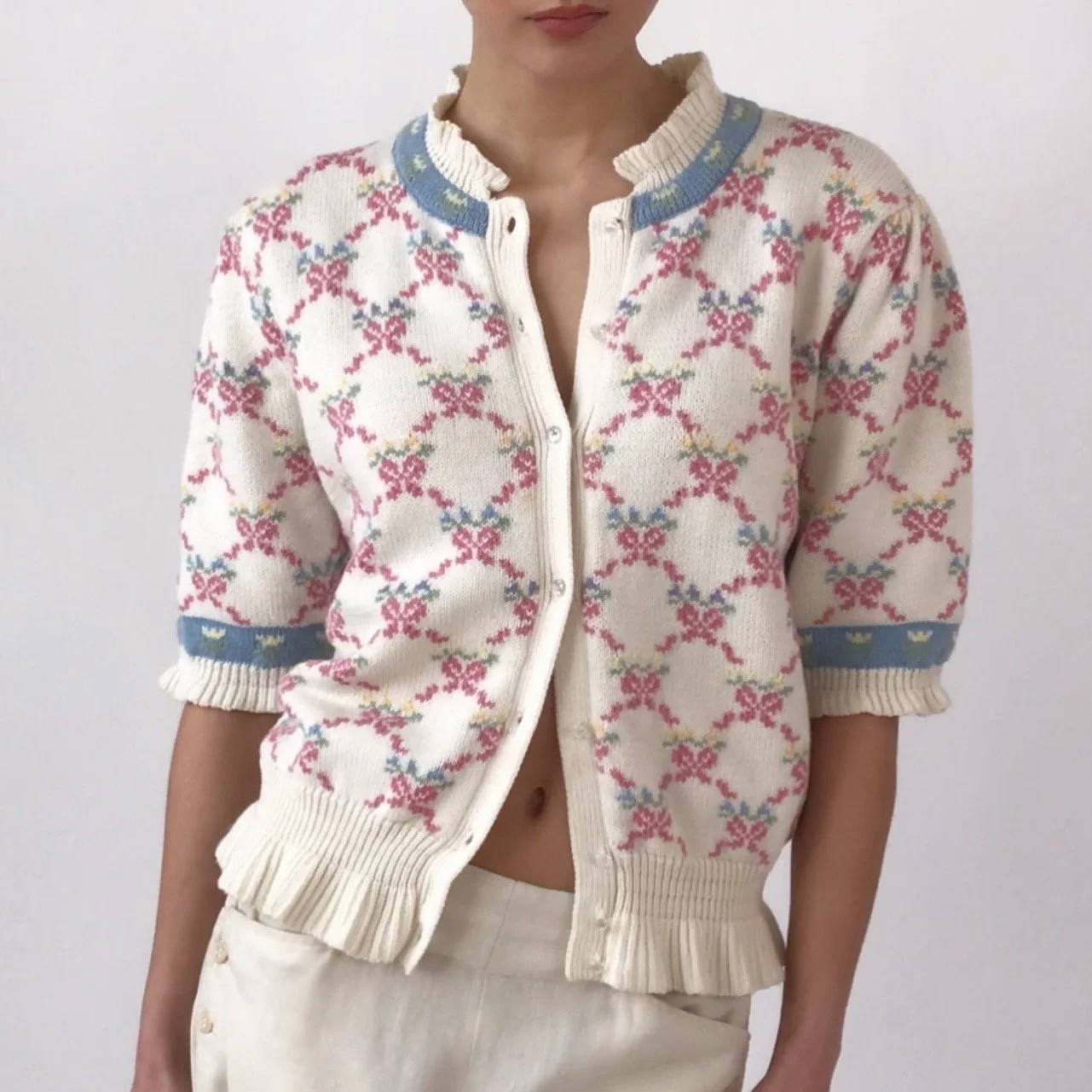 Vintage 1980's Flower Bow Cotton Knit Top