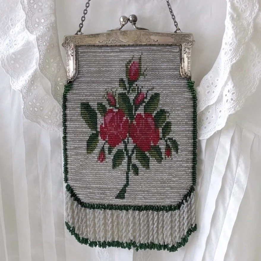 Antique ROSE BRANCH Hand Beaded Purse