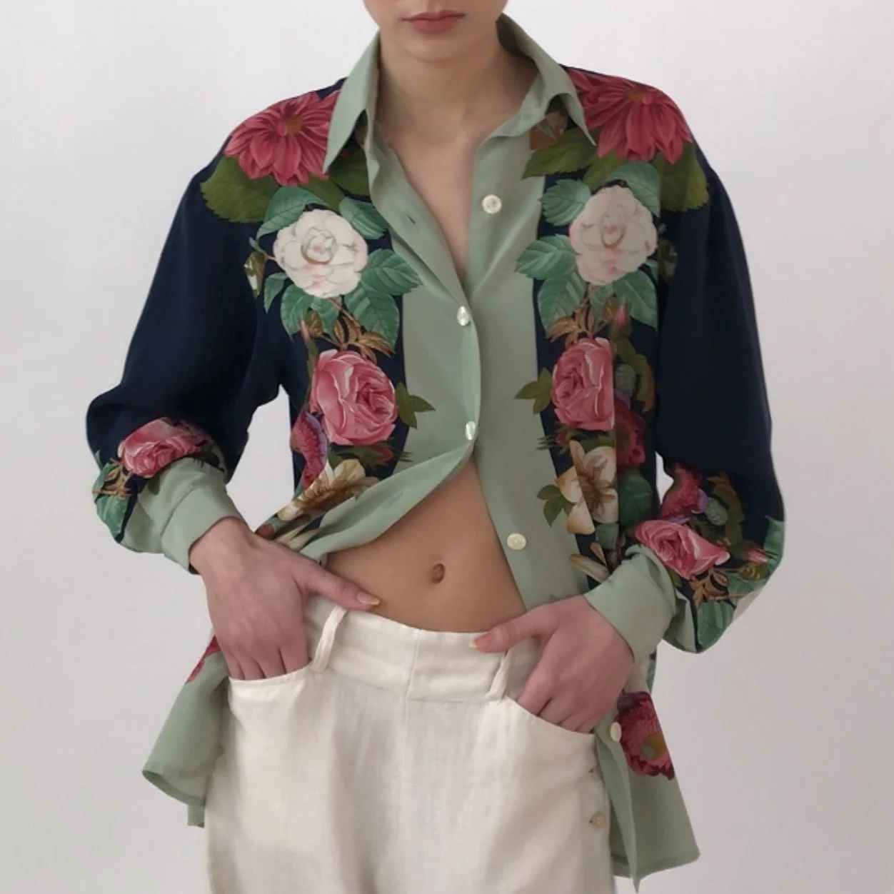 Vintage 1990's Victorian Floral Print Silk Shirt