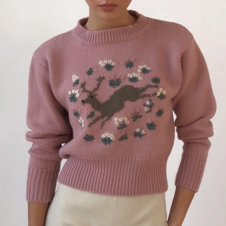 Vintage 80's Dusty Lilac Wool Floral Deer Crewneck Sweater