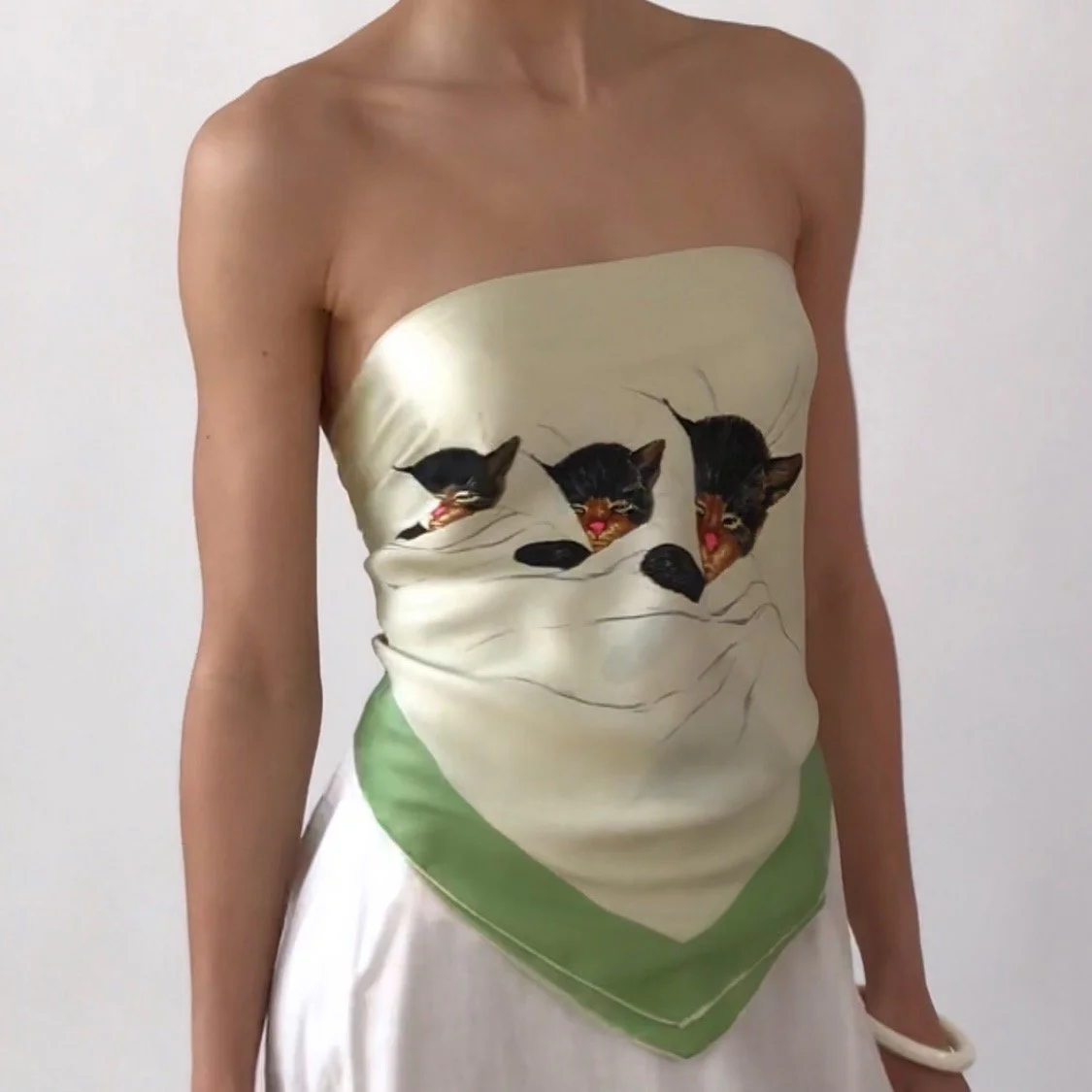 Vintage 'SLEEPING KITTIES' Silk Scarf Tie Top