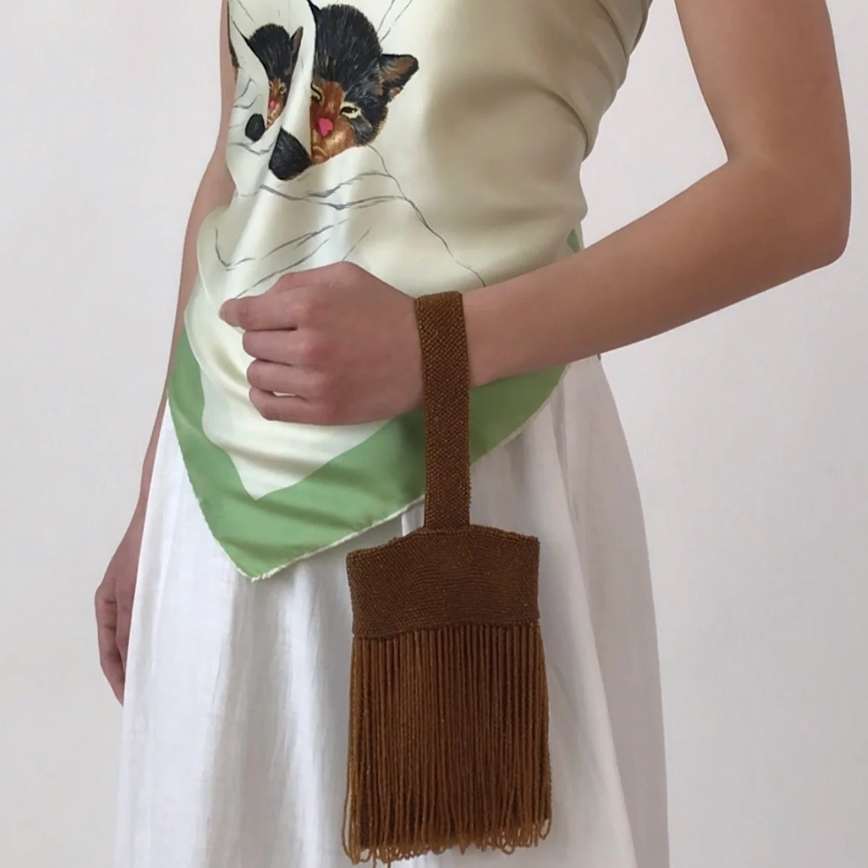 Antique Amber Handmade Glass Bead Fringe Purse