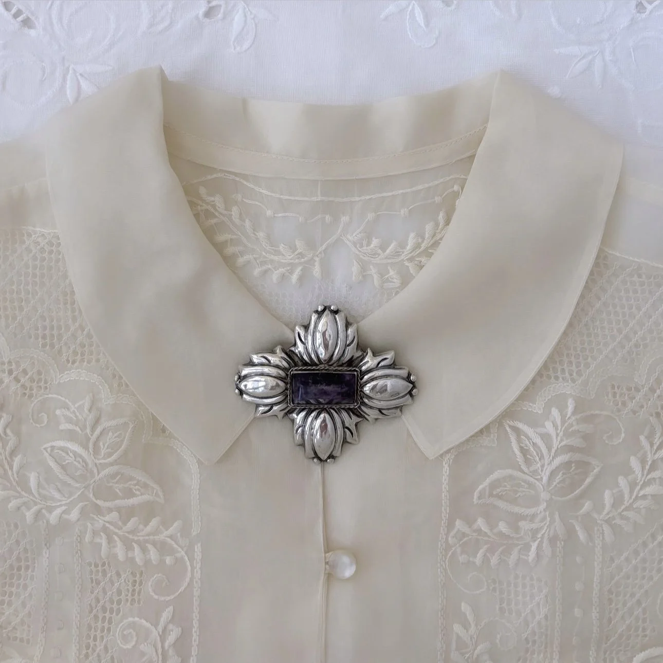 Vintage 1940's Mexican Sterling Silver & Amethyst Tulip Cross Brooch