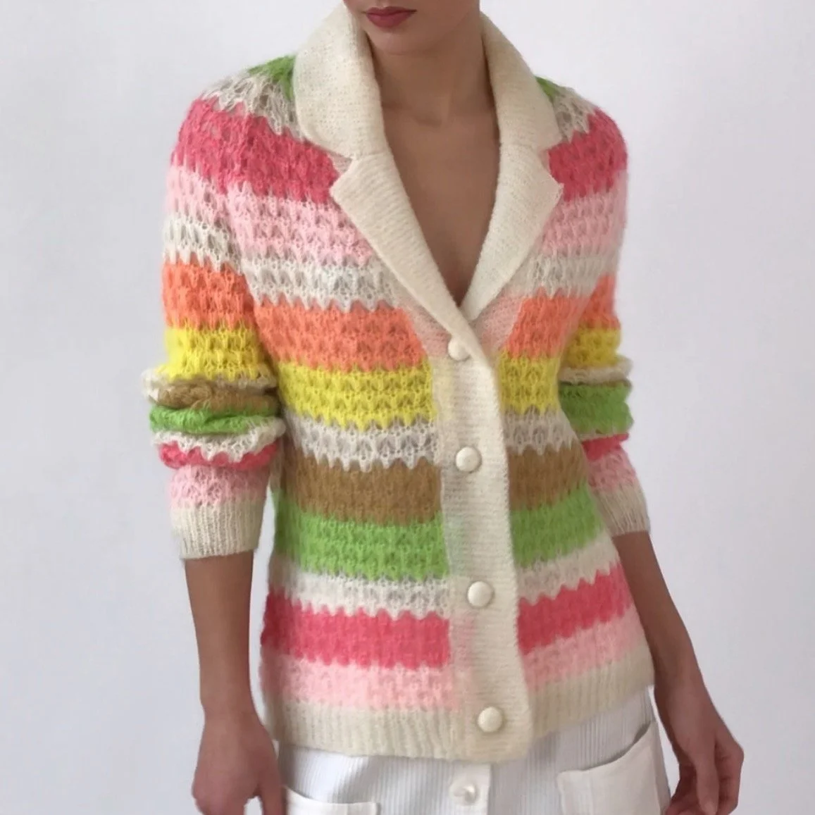Vintage Pastel Striped Mohair Hand Knit Cardigan