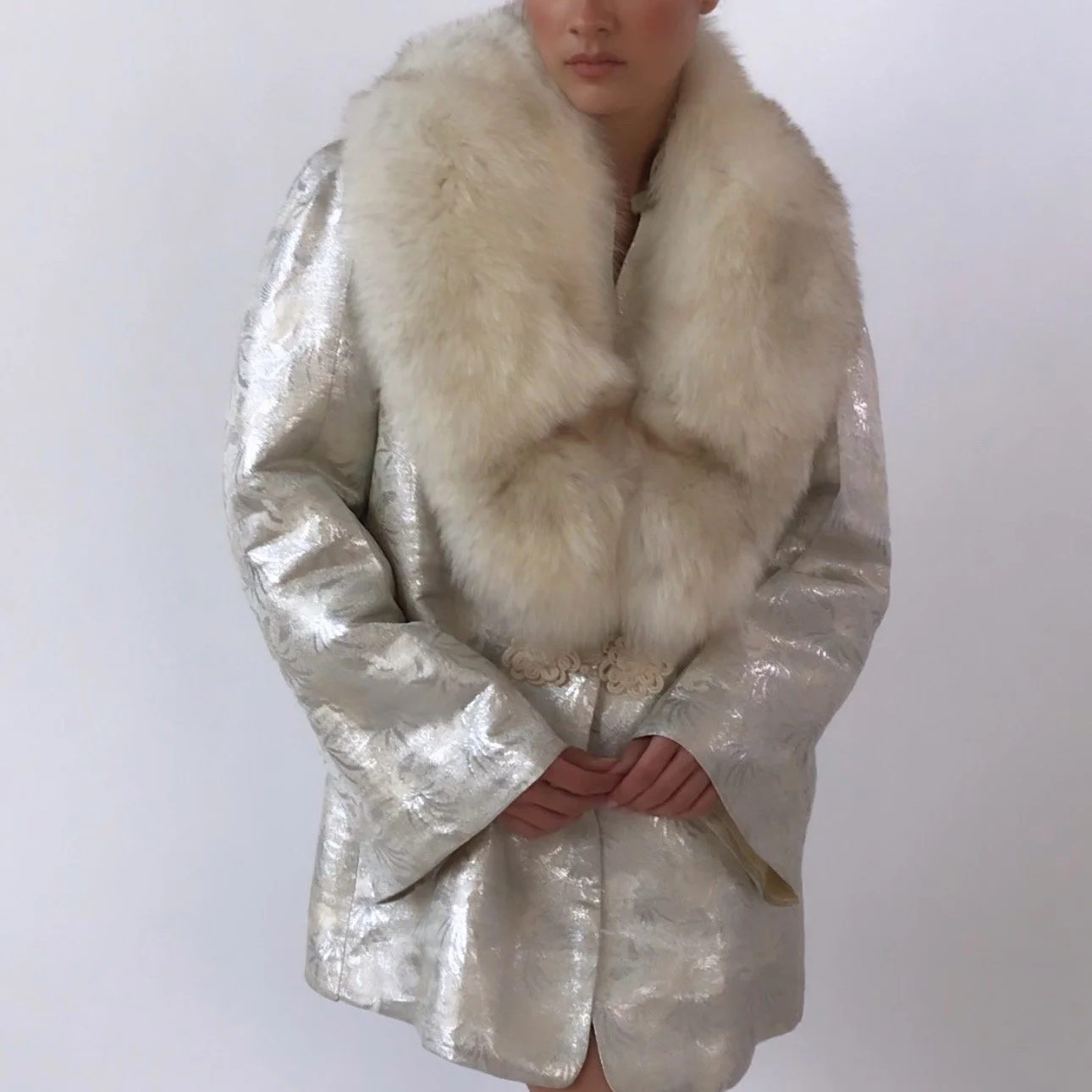 Vintage 1940's Floral Silver Silk Brocade Jacket with Fur Collar