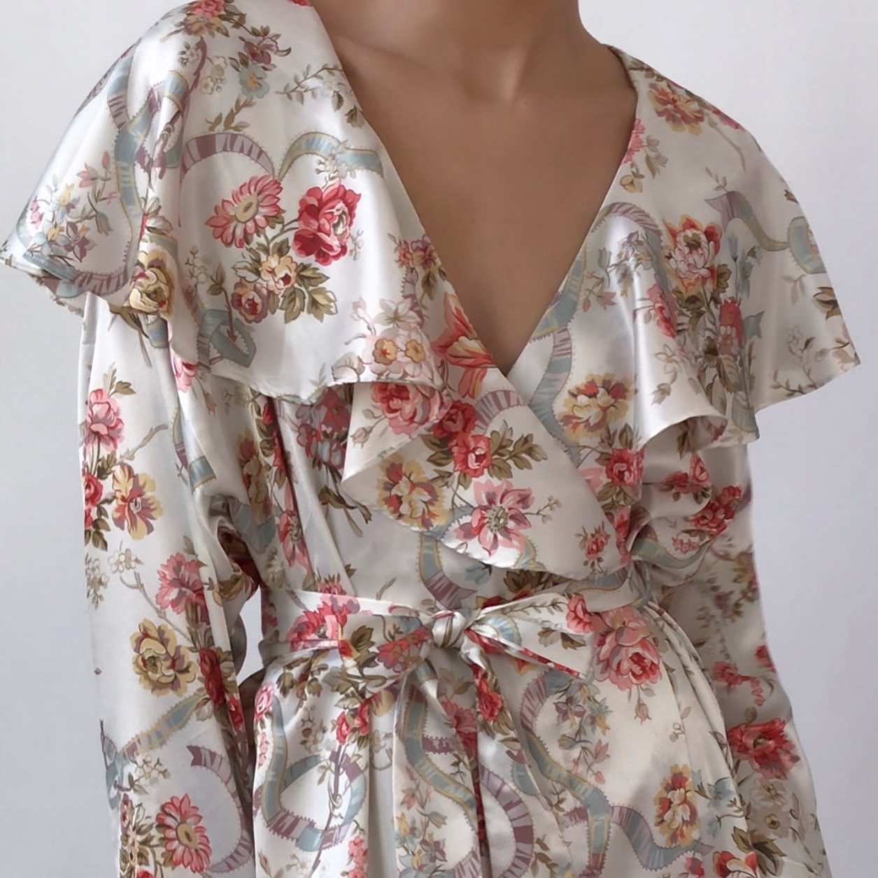 Vintage Valentino Intimo Satin Floral Peony Ruffle Wrap Dress