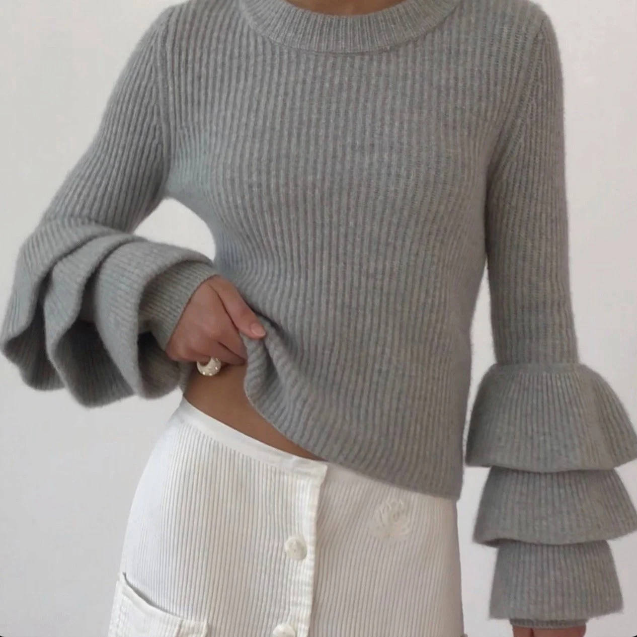 Grey Cashmere Ribbed Knit Ruffle Sleeve Sweater