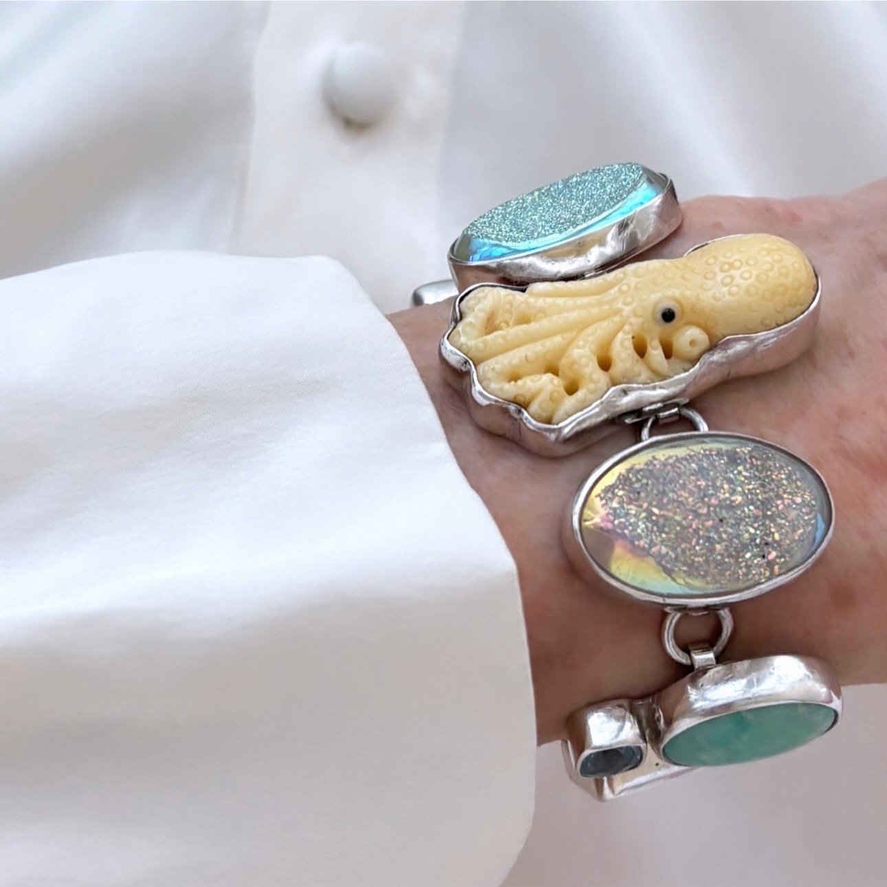 Vintage OCTOPUS, Druzy, Blue Topaz, Amazonite, Chalcedony Sterling Silver Bracelet RARE