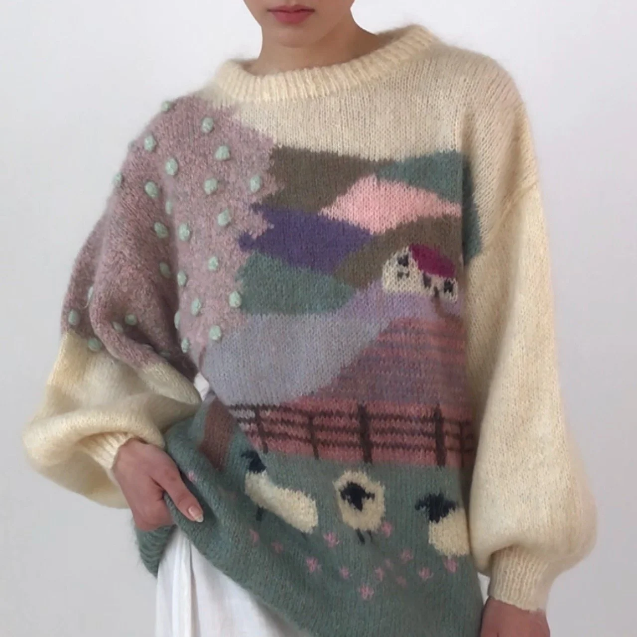 Vintage 80's Pastoral Sheep Hand Knit Mohair Sweater