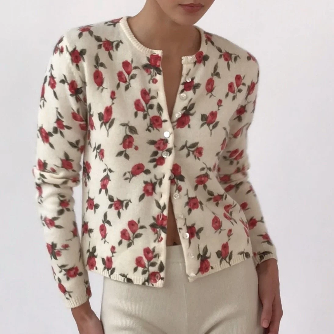 Vintage Budding Roses Lambswool Cardigan Sweater