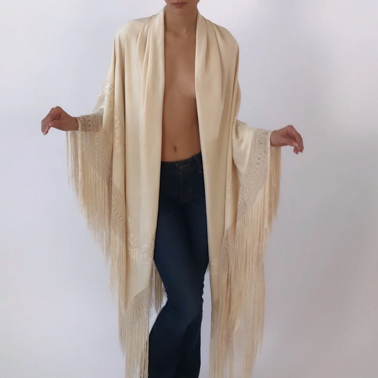 Antique Ivory Embroidered Floral Silk with Fringe Piano Shawl