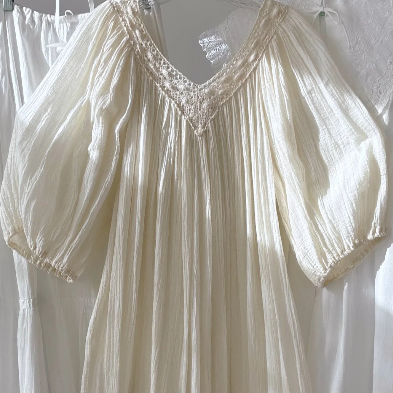 Vintage 1980's Ivory Cotton Gauze Puff Sleeve Dress
