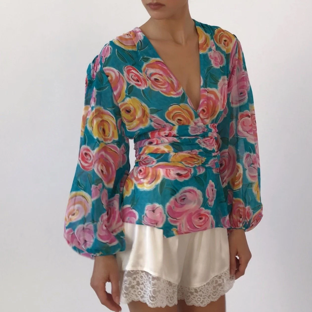 Vintage Oscar de la Renta Floral Balloon Sleeve Blouse