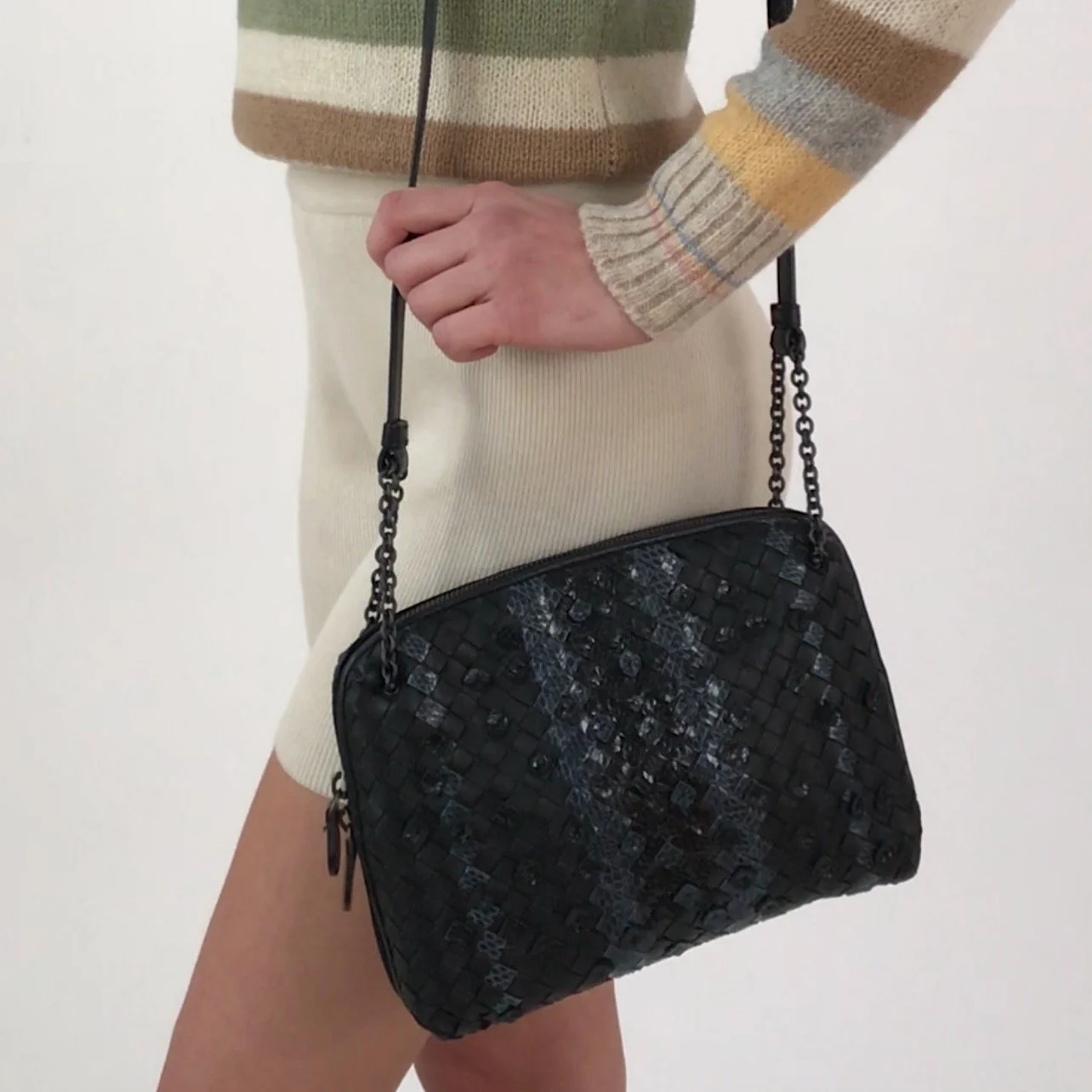 BOTTEGA VENETA Leather Intrecciato Python Accented Shoulder Bag