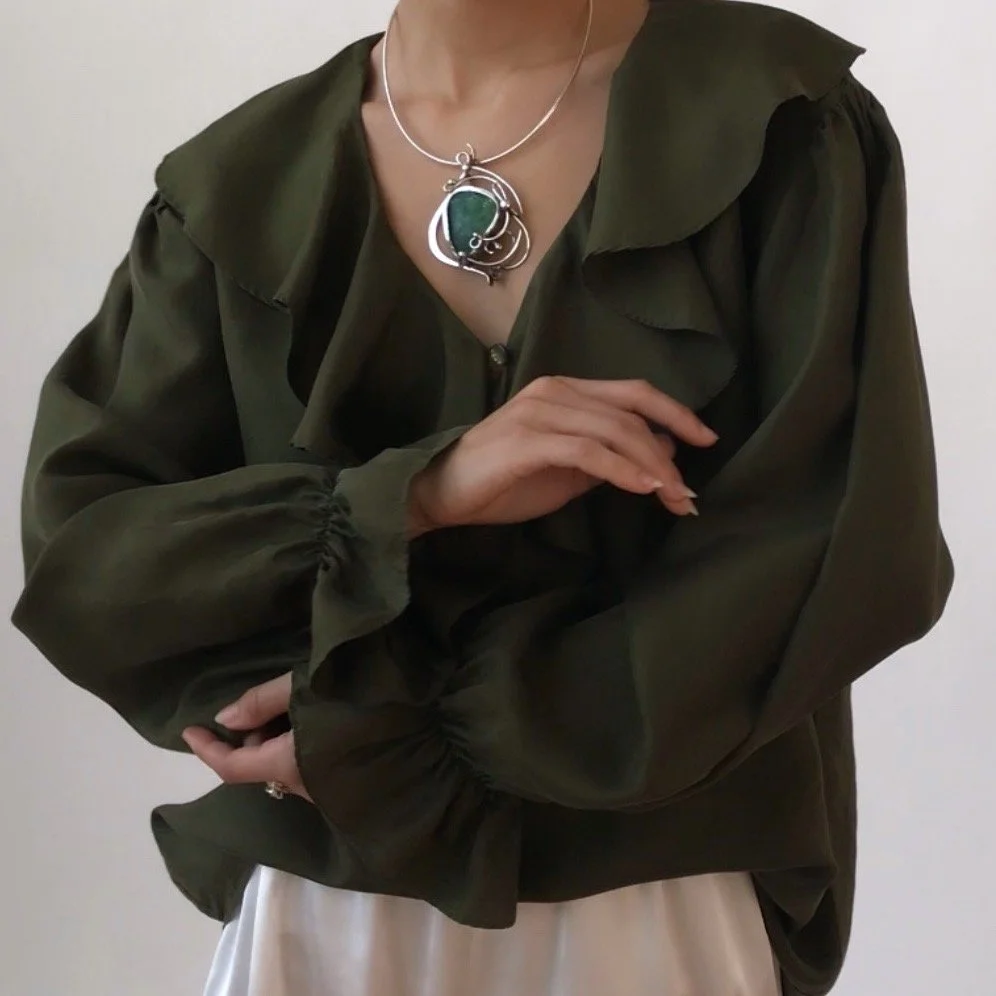 Vintage Moss Green Silk Balloon Sleeve Top