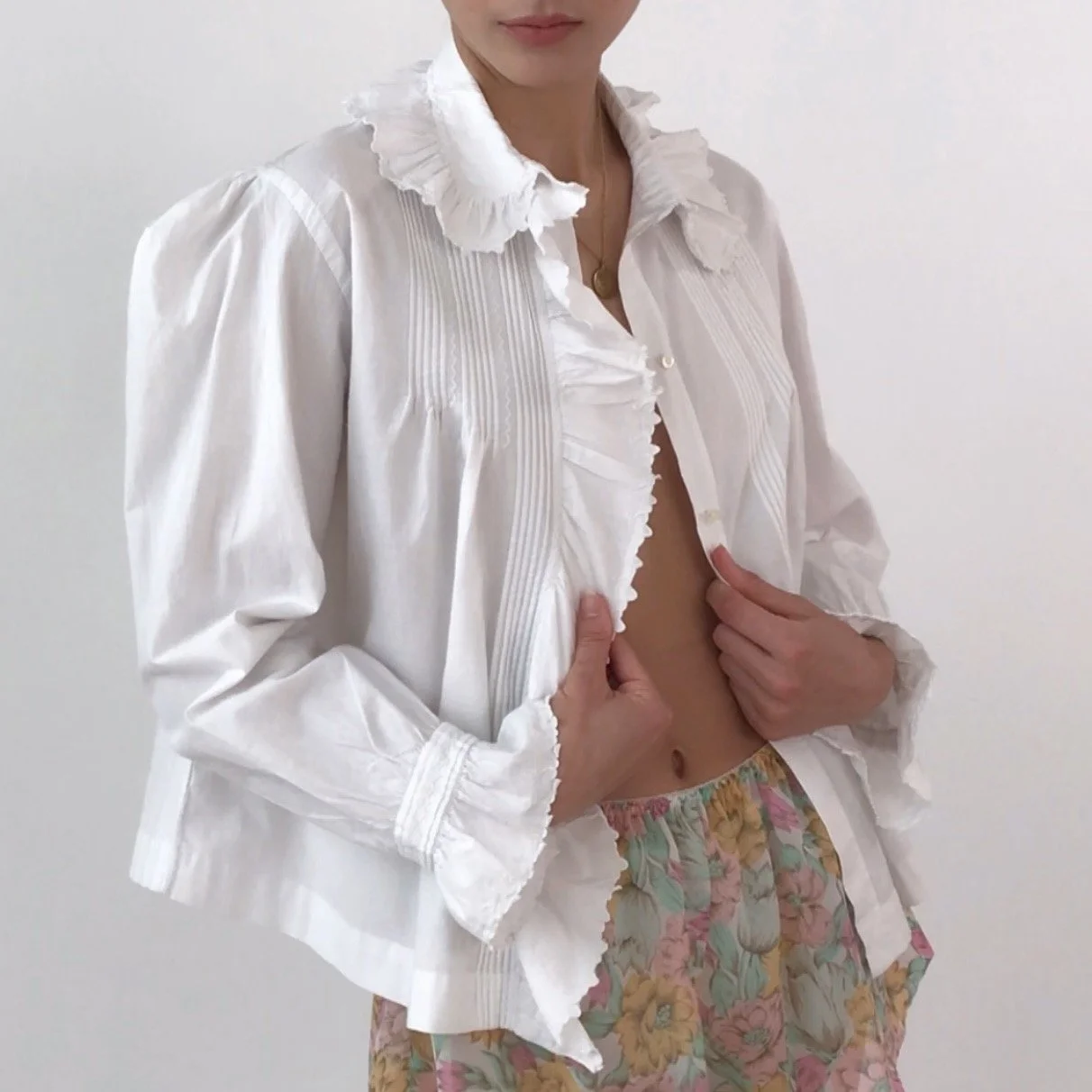 Antique White Cotton Ruffle Blouse