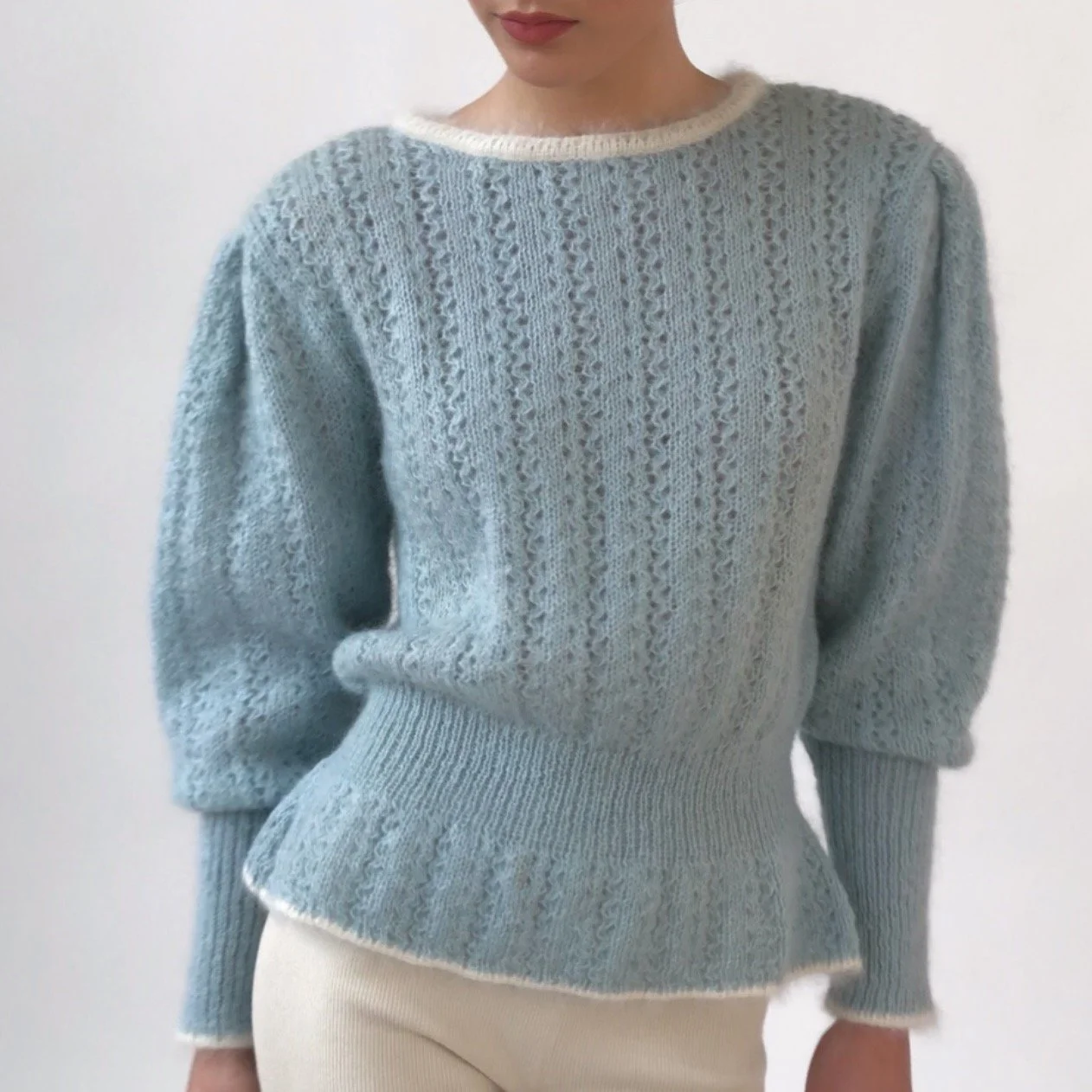 Vintage Blue Italian Mohair Hand Knit Peplum Sweater
