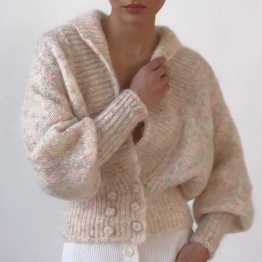 Vintage Confetti Puff Sleeve Mohair Cardigan Sweater
