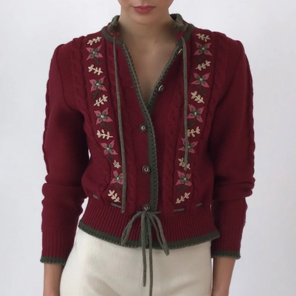 Vintage Floral Hand Embroidered Maroon Cardigan Sweater