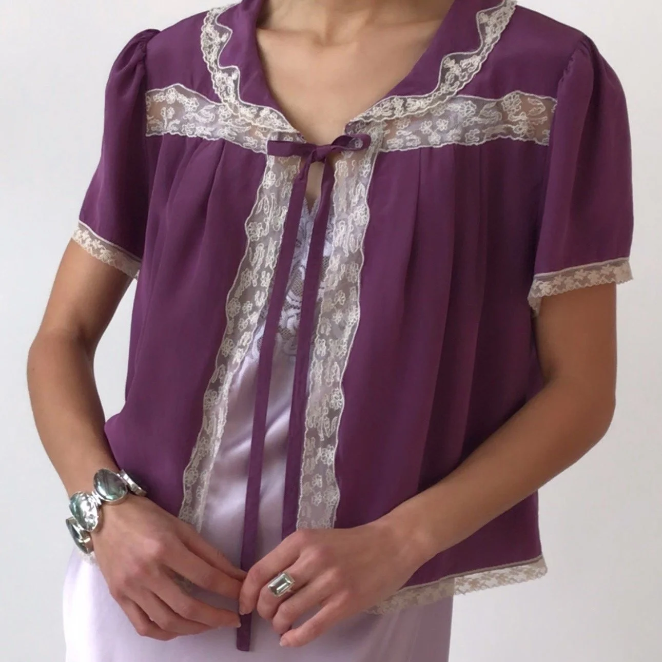 Vintage Plum Silk Lace Tie Top