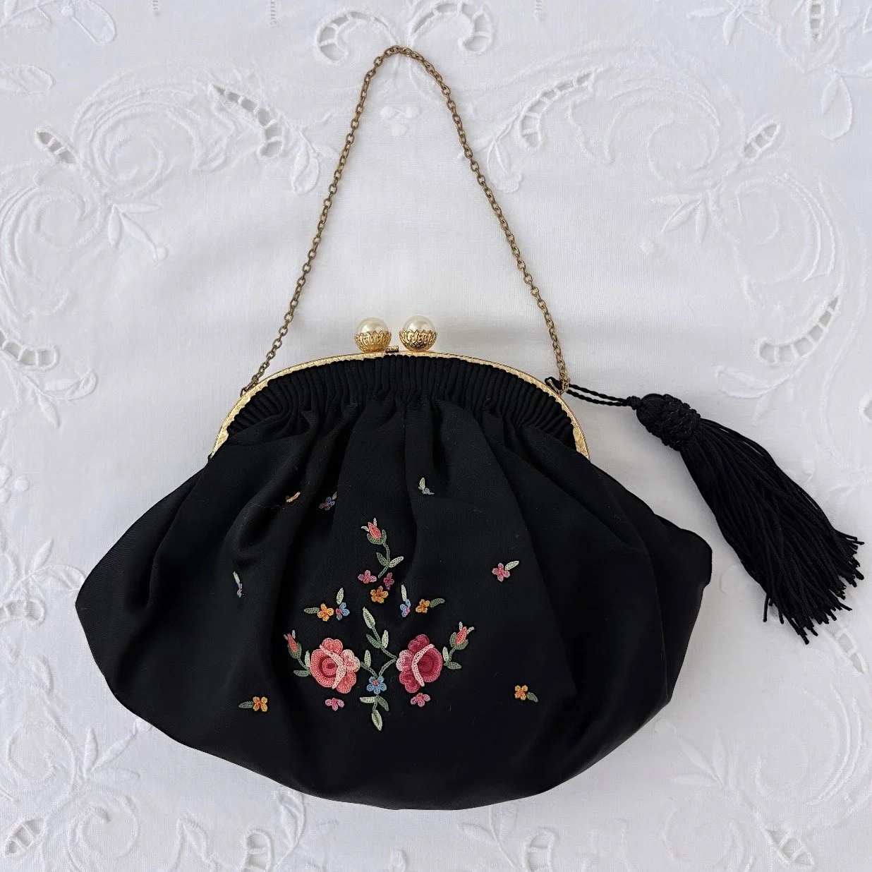 Antique Black FRENCH Floral Embroidered Silk Purse