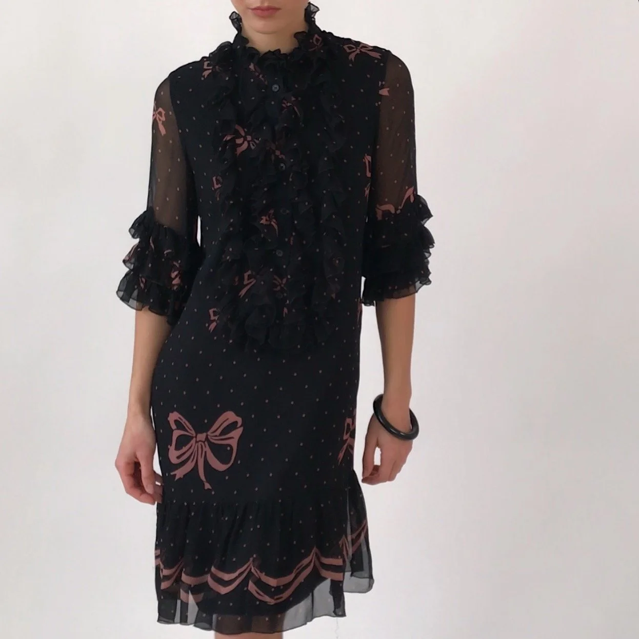 Vintage Black Ruffles & Bows Silk Dress