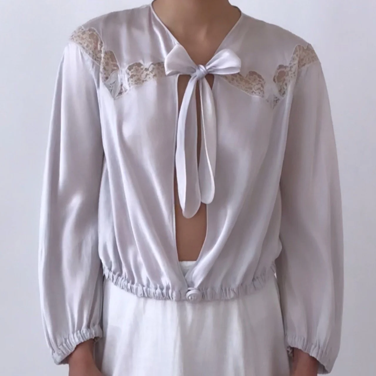 Vintage Ice Blue Liquid Satin Lace Tie Top