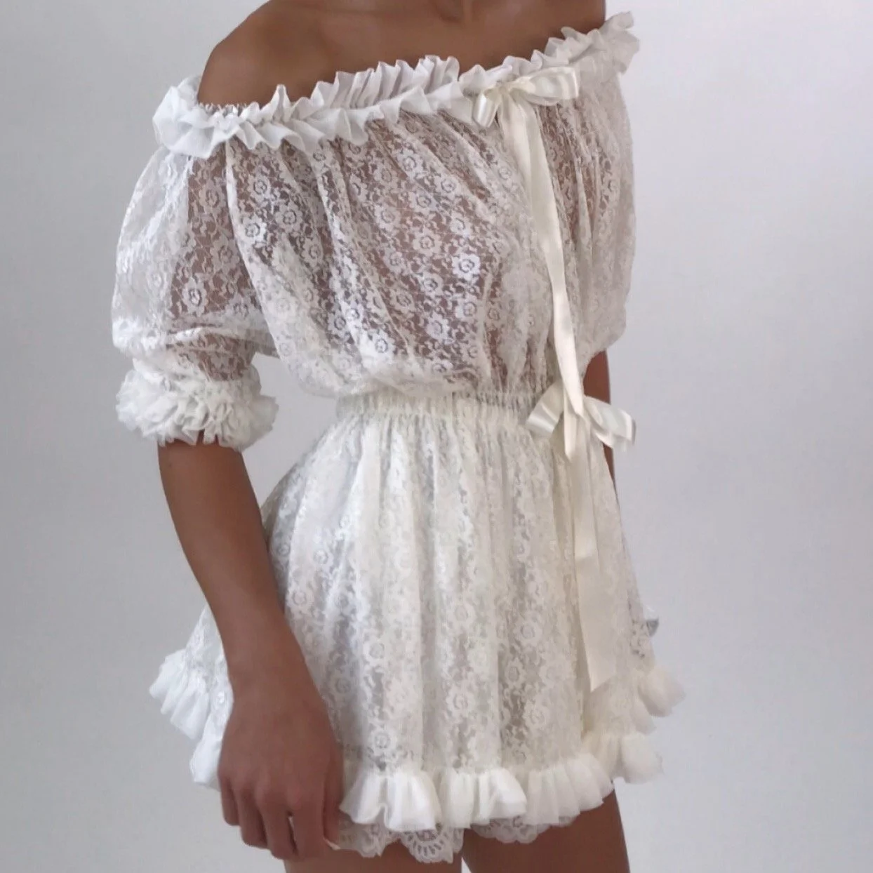 Vintage 1970's Ruffle Sheer Floral Lace Tie Top