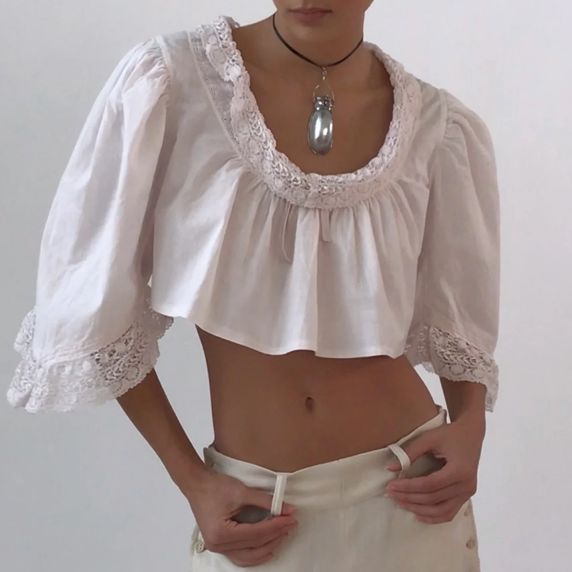 Antique Vintage PINK BLUSH Cotton and Lace Cropped Top RARE