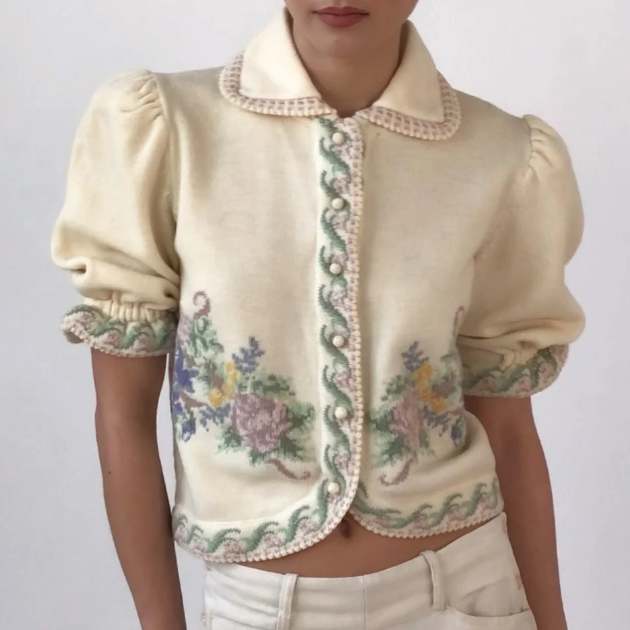 Vintage 1980's Floral Puff Sleeve Lambswool Sweater Top