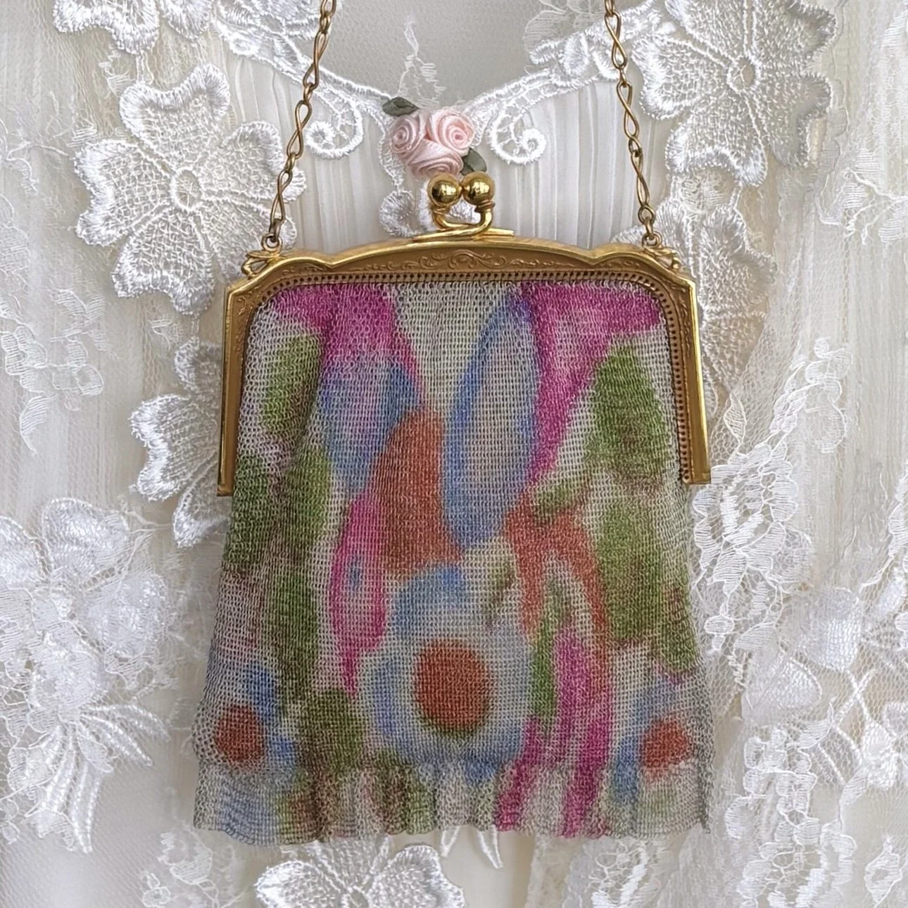 Antique 1920's Painted FLORAL Chainmail Minaudière Purse