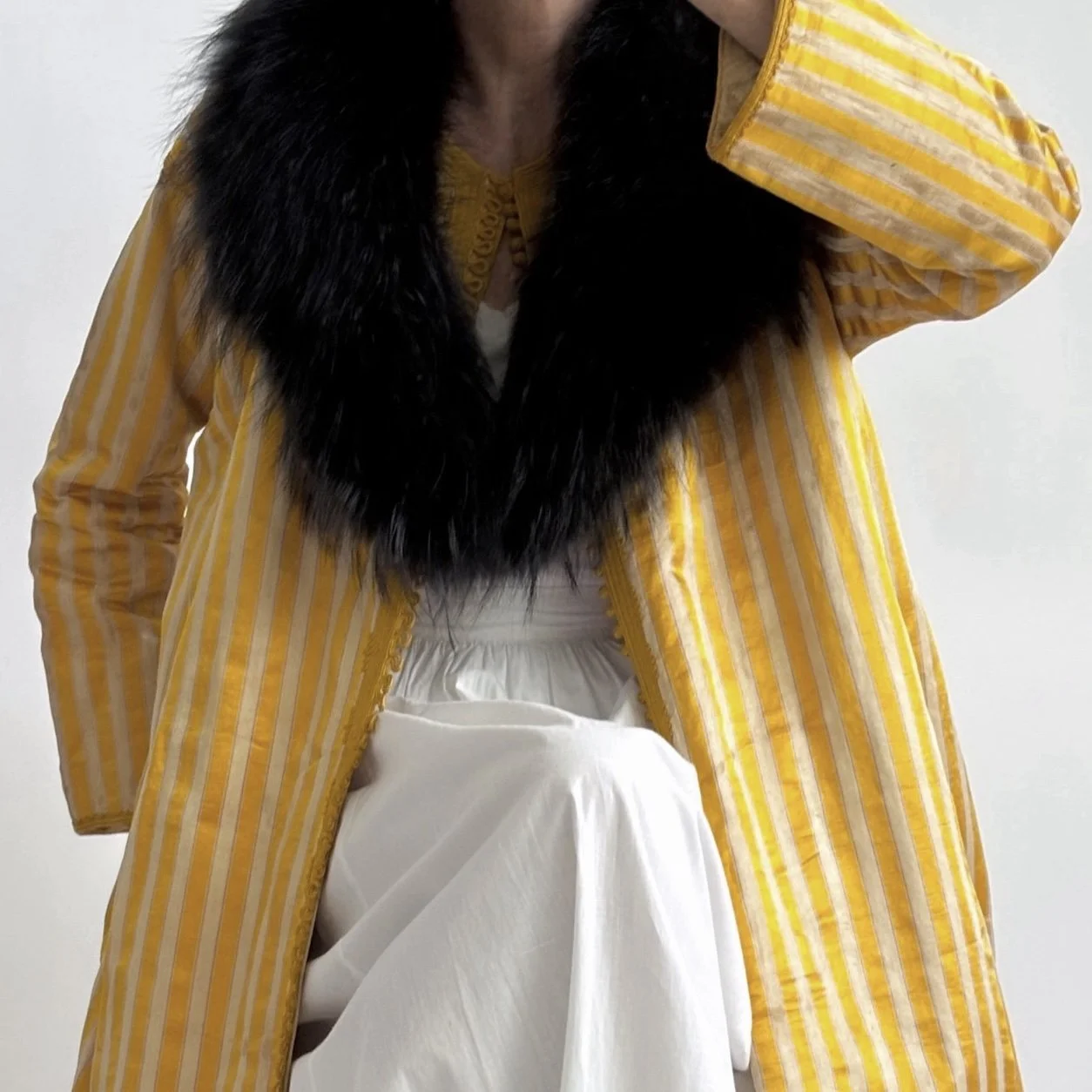 Vintage SAFFRON Stripe SILK BROCADE Jacket with Natural Fur Collar