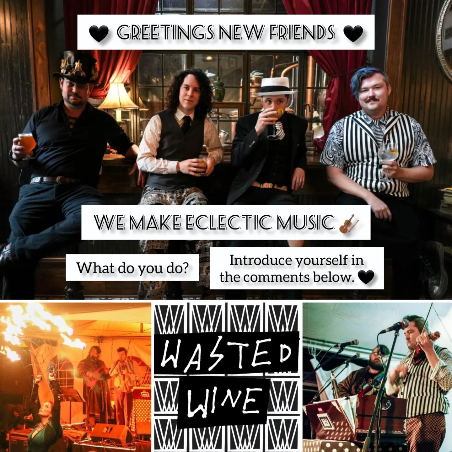 Greetings everyone! We're Wasted Wine, an eclectic alternative/indie band. Our music has gypsy cabaret vibes and we play violin, bouzouki, accordions, handpan and more. 🎻🎶 Who are you and what do you do? Please introduce yourself in the comments be
