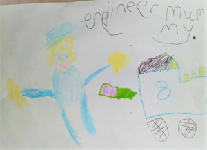 “I am Jessie, age 5. My mummy is a mechanical and electrical engineer. Here is a picture of her in her overalls and hard hat fixing a train.”