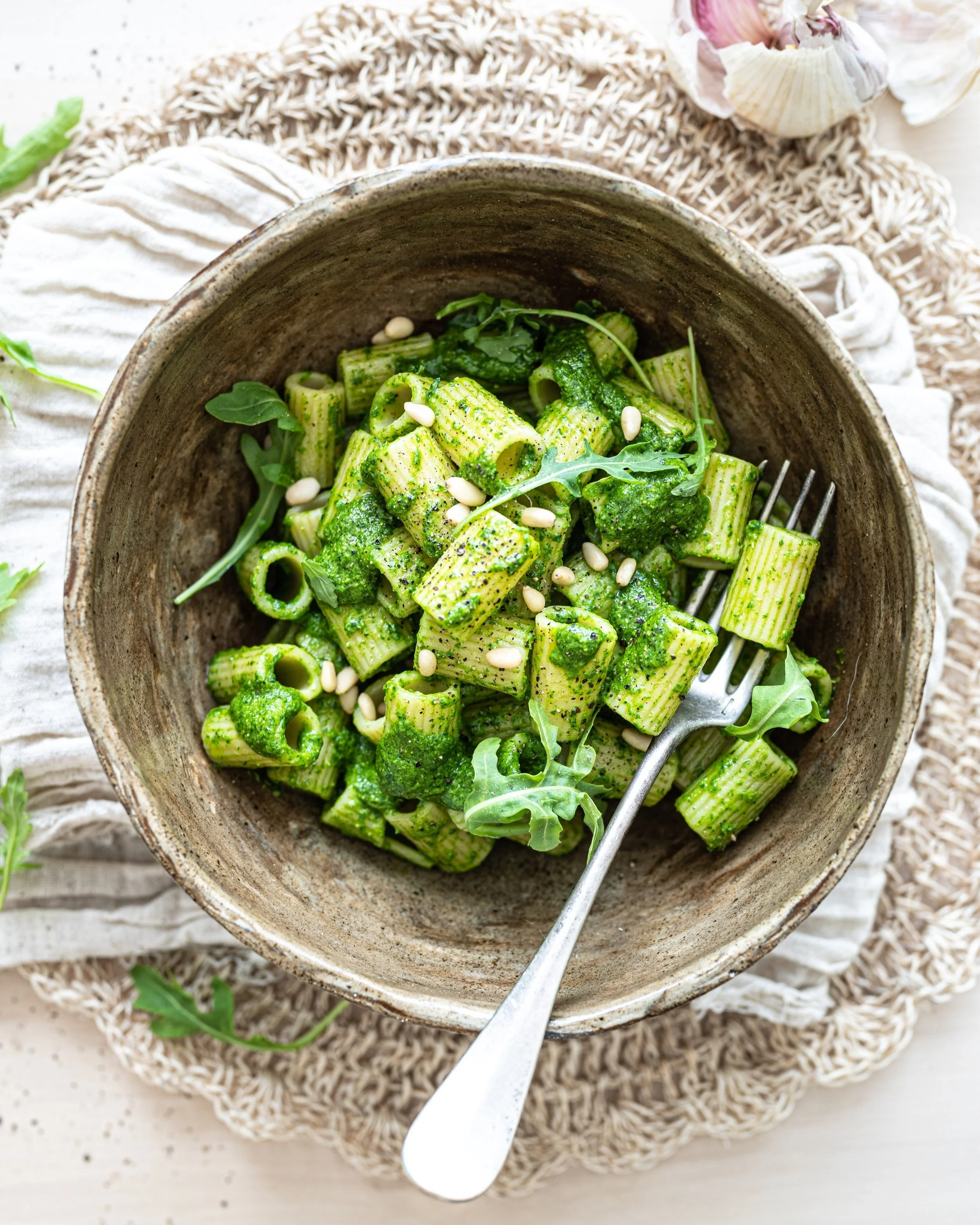 Arugula and spinach pesto pasta 